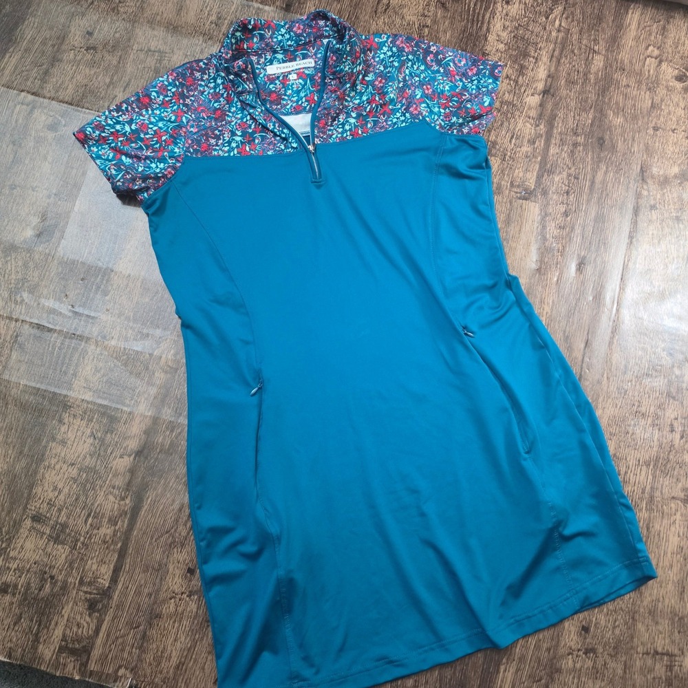 PEBBLE BEACH Golf Dress Women Large Teal Floral Dry Luxe Performance Quarter Zip